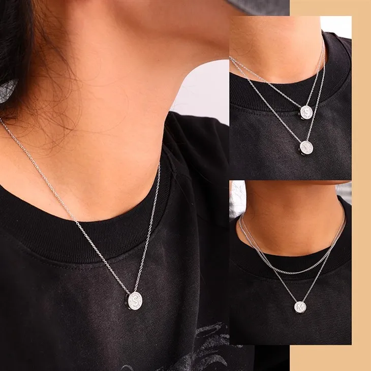 Stainless Steel & Brass Pave Zircon Round Letter Pendant Necklace price