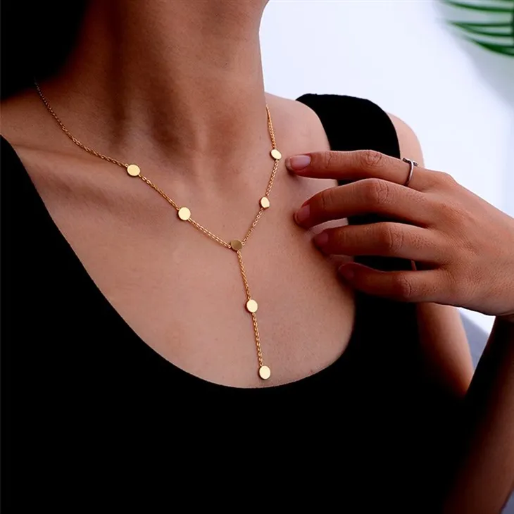 Stainless Steel Gold Disc Y Chain Pendant Necklace high quality